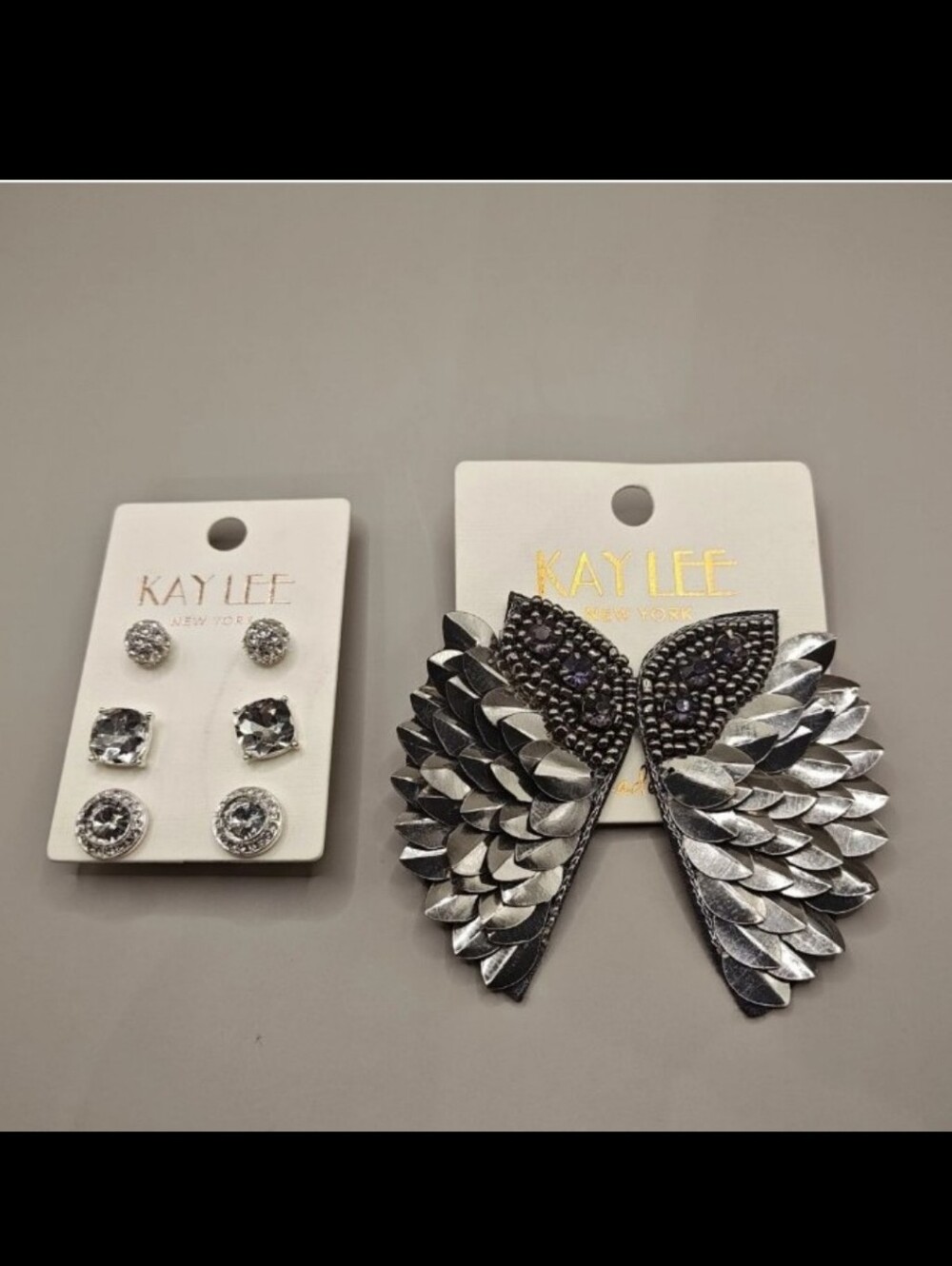 Kay Lee Handmade Beaded Angel Wings Silver Tone Earrings 3pk Rhinestone Studs